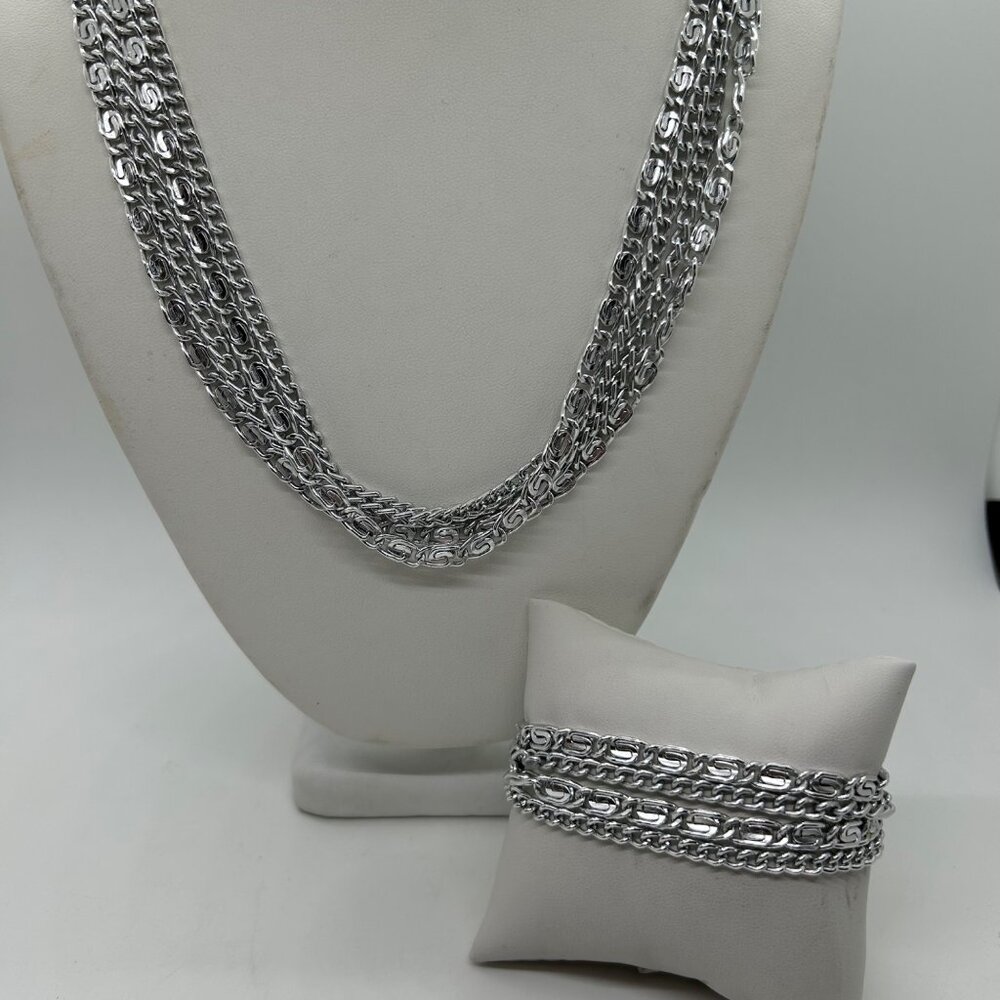Vintage Sarah Coventry Necklace & Bracelet Silver-Tone 4 Strand lightweight.